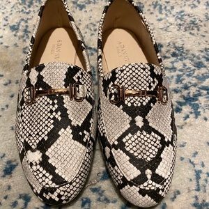 Snake skin loafers with gold buckle